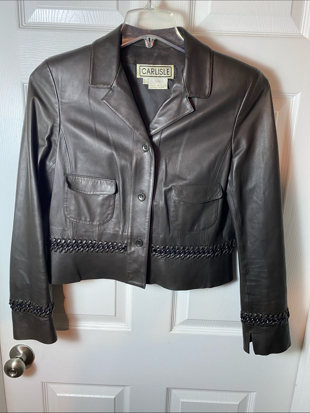 Carlisle Cropped Lambskin Leather Jacket Brown Chain Whipstitch Detail Sz 8